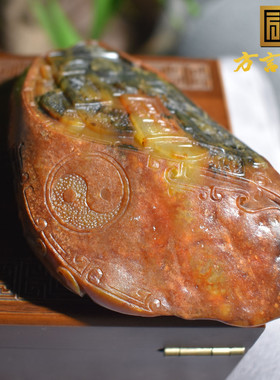 收藏级方言和田玉老熟细腻金包银黄沁籽料独籽锦灰堆手把件摆件R1