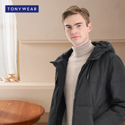 TONY WEAR/汤尼威尔秋冬男士双向拉链辑线防风连帽羽绒服外套包邮 - 图0
