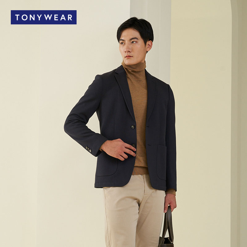 TONY WEAR/汤尼威尔春秋含羊毛两粒扣修型半衬休闲针织小西服男西