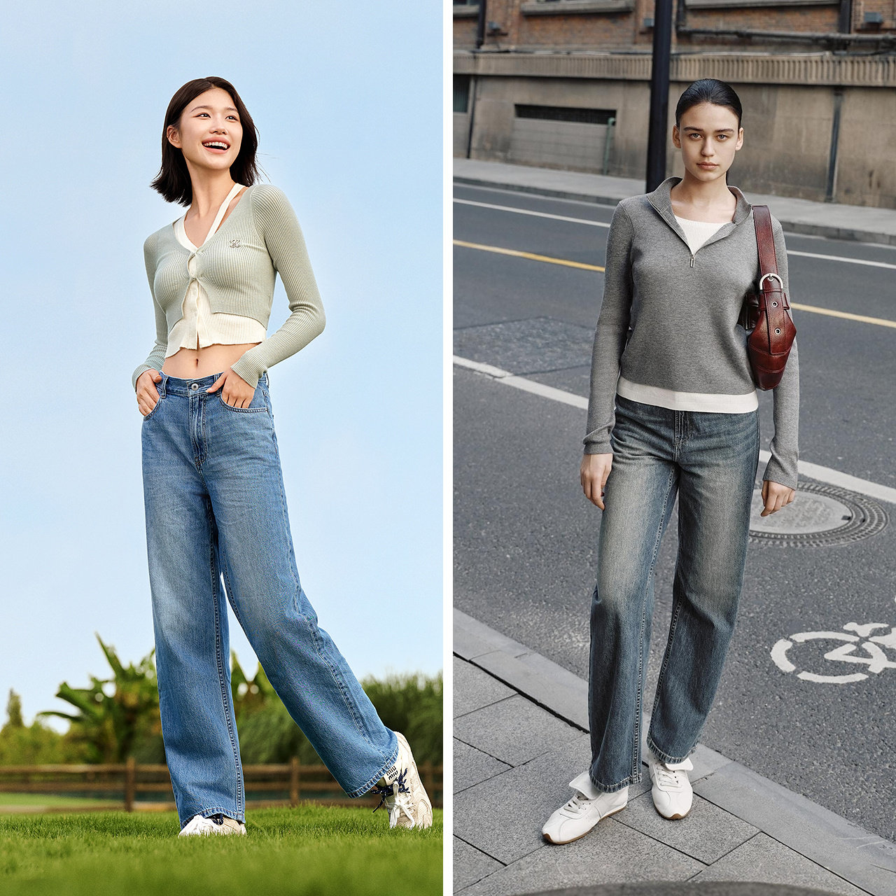 森柔牛仔|森马牛仔裤女港风舒适阔腿裤显瘦秋季女生纯棉长裤百搭