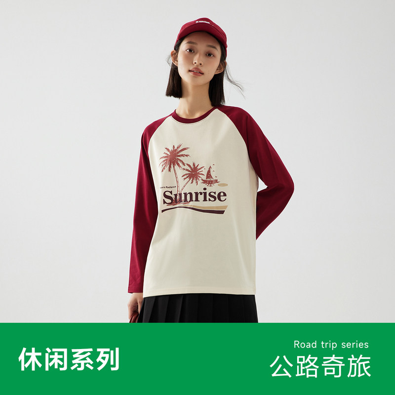 【宝藏姐妹团】森马长袖T恤女宽松插肩袖秋季复古印花上衣度假风