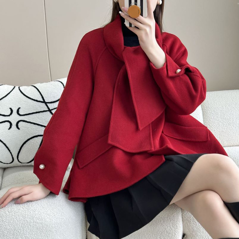 红色双面羊绒大衣女短款小个子新款韩版宽松高端斗篷羊毛呢外套