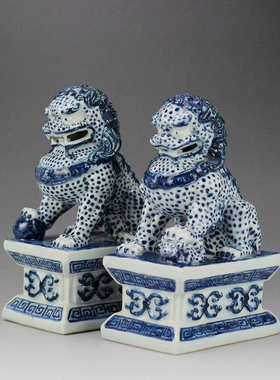 景德镇陶瓷 手绘青花瓷狮子摆件对狮客厅玄关展厅茶室陈设摆件