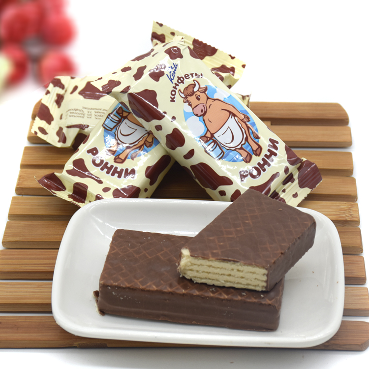 俄罗斯进口零食大奶牛威化巧克力味夹心威化饼干konti休闲零食品 - 图1