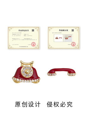 原创设计师款不对称个性电话耳钉银针微镶锆石珐琅滴釉酒红色耳饰