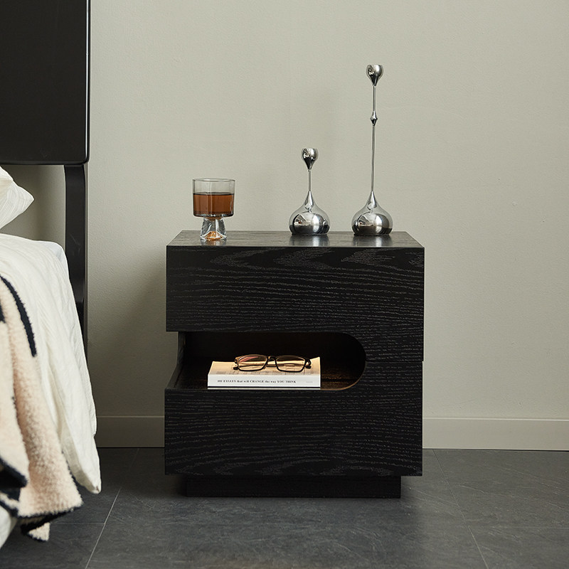 意式极简实木床头柜卧室家用创意悬浮式床边柜带灯黑色收纳储物柜 - 图0