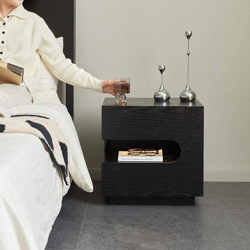意式极简实木床头柜卧室家用创意悬浮式床边柜带灯黑色收纳储物柜 - 图1