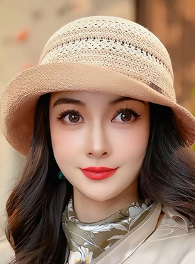 布塔新款卷边格纹渔夫帽子女气质优雅显脸小礼帽日系百搭盆帽苎麻