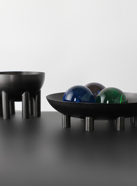 现代中式风黑色圆形大堂插花托盘