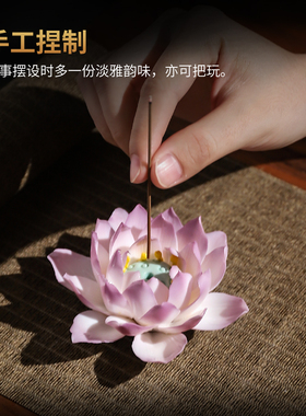 陶瓷釉下彩紫色莲花香插装饰品