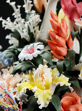 东方泥土百花齐放新中式陶瓷手工高档会所酒店客厅桌面装饰品摆件