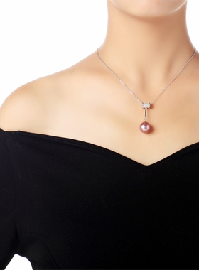 925银锆石紫色近圆天然珍珠项链