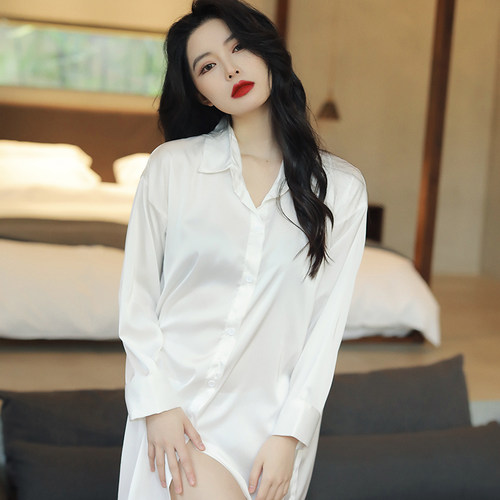 睡衣女性感白色衬衫睡裙春秋网红ins冰丝诱惑印花甜美夏季薄丝绸 - 图3