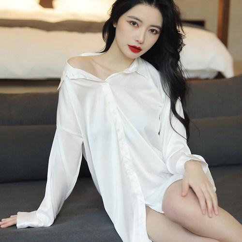 睡衣女性感白色衬衫睡裙春秋网红ins冰丝诱惑印花甜美夏季薄丝绸 - 图0