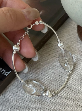 s925纯银猫眼拉丝玻璃白水晶手链ins简约高级感轻奢百搭时尚
