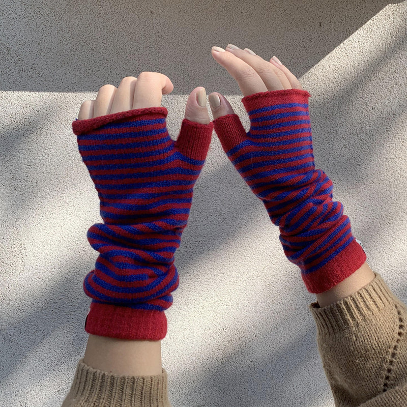 2022年新款条纹撞色针织露指半指手套女冬季 保暖针织袖子手臂套,淘宝优惠券,粉丝福利购,淘宝优惠卷