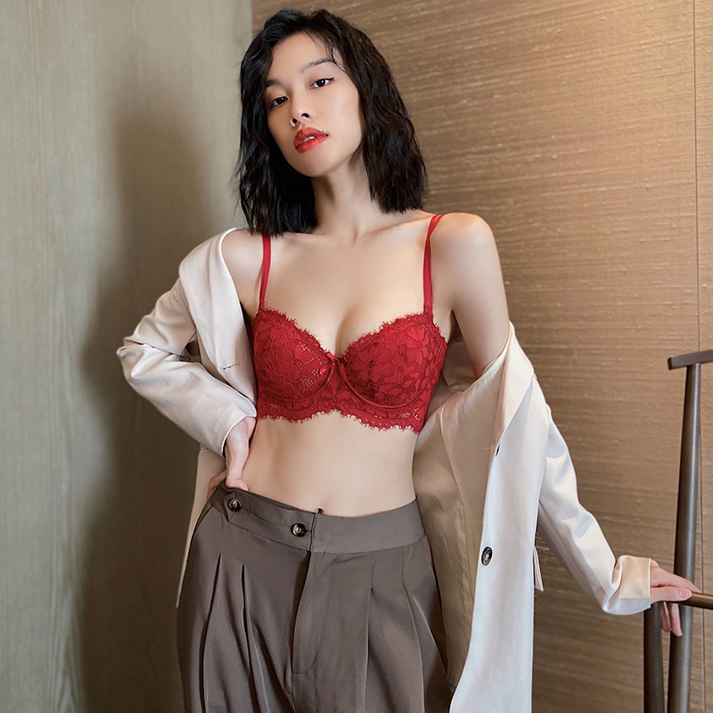 祺蕾旗舰店内衣内裤女套装薄款大胸显小缩胸防下垂胸罩法式复古红色半杯文胸2