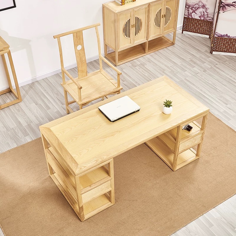 新中式禅意家具明清古典榆木书桌椅简约原木电脑办公桌书房茶室 - 图0