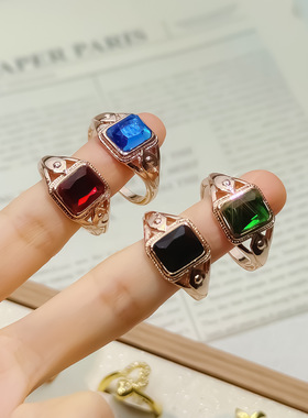 欧美电镀保色镶钻锆石几何形戒指女金属风个性简约外贸指环批发
