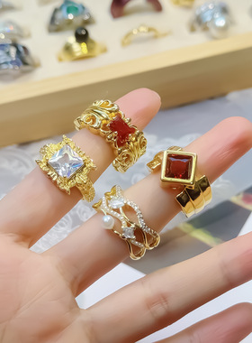 简约设计感气质微镶锆石滴油戒指个性几何形开口可调节指环女戒