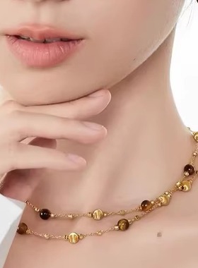 索伦奥设计师款金色虎眼石项链女简约珠链高级感锁骨链