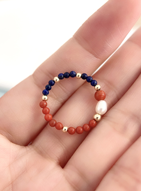 VerGem原创天然南红玛瑙青金石指环小指戒尾美国14k包金关节戒指