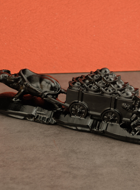 天然黑曜石牛拉财车雕刻摆件