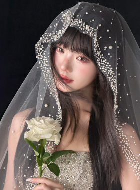 法式珍珠头纱新娘主婚纱高级感