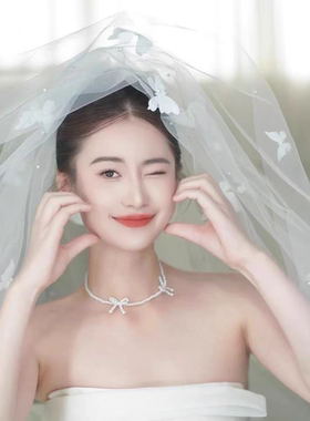 高级感双层白色蝴蝶新娘头纱