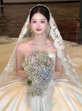 复古蕾丝长款新娘白色头纱拍照