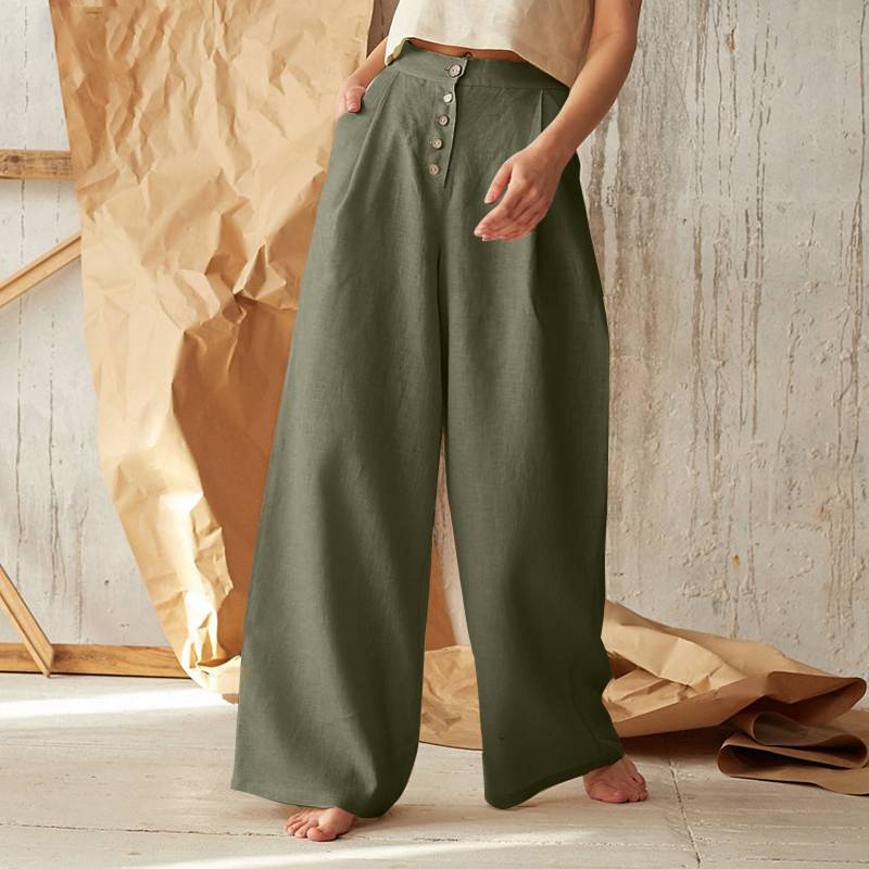 2022 ladies solid color high waist casual style button pants - 图0