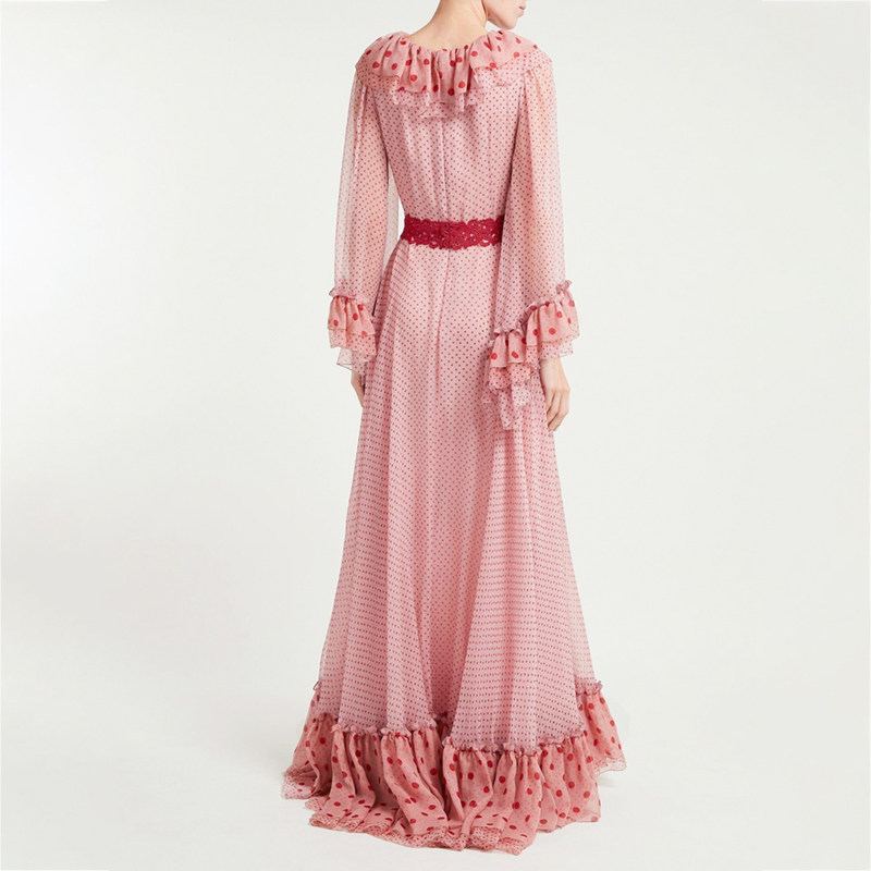 复古宫廷风波点粉色连衣裙女气质修身显瘦长裙大摆长袖印花裙子秋,淘宝优惠券,粉丝福利购,淘宝优惠卷