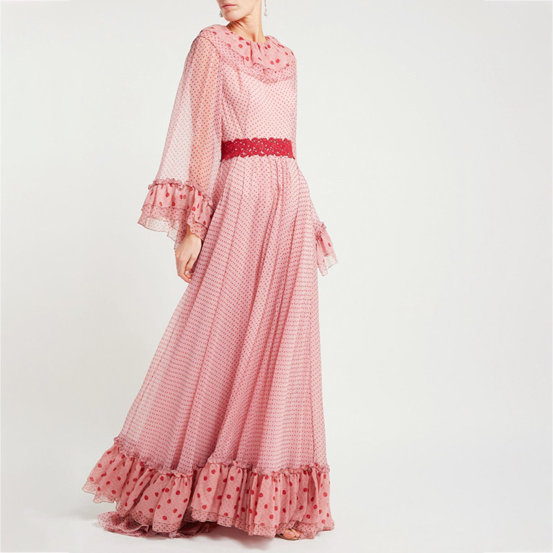 复古宫廷风波点粉色连衣裙女气质修身显瘦长裙大摆长袖印花裙子秋,淘宝优惠券,粉丝福利购,淘宝优惠卷