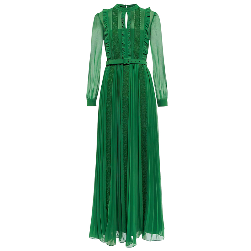高级感气质绿色连衣裙女腰带蕾丝长裙百褶裙礼服裙长袖女装裙子春