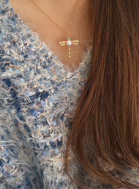 astudio纯银哑光金蜻蜓珍珠项链