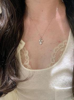 纯银四叶草珍珠花瓣流苏项链银饰