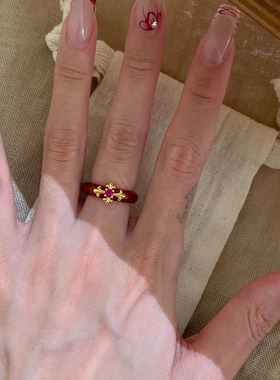 复古纯银鸢尾花十字架红玛瑙戒指