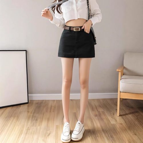 黑色牛仔短裙女中腰春夏新款简约百搭修身显瘦半身裙带内衬防走光 - 图2