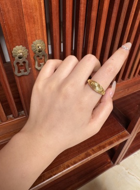 沙金铜钱戒指女招财钱多多素圈戒指防真金色爱心拉丝女戒指不掉色