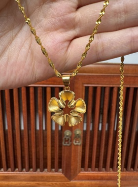 越南沙金大花朵吊坠项链女款黄金色盒子链锁骨链首饰品不掉色实心