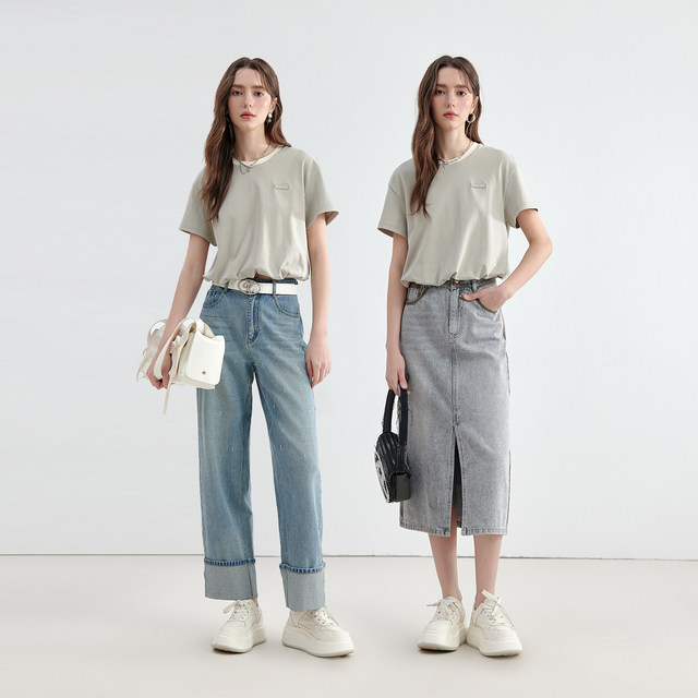 KBNE gray green flower bud short-sleeved shirt bottoming shirt 2025 summer new versatile design round neck top women's clothing