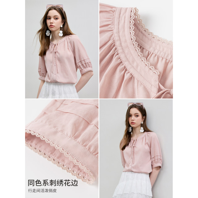 ເສື້ອ KBNE Lyocell ເສື້ອຢືດ lace chiffon ແບບເອີຣົບຂອງແມ່ຍິງລະດູຮ້ອນປີ 2025 ເສື້ອ linen ສັ້ນແຂນສັ້ນ