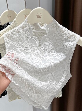 叠穿无袖内搭假领性感网纱上衣秋冬镂空蕾丝花边v领打底衫女短款