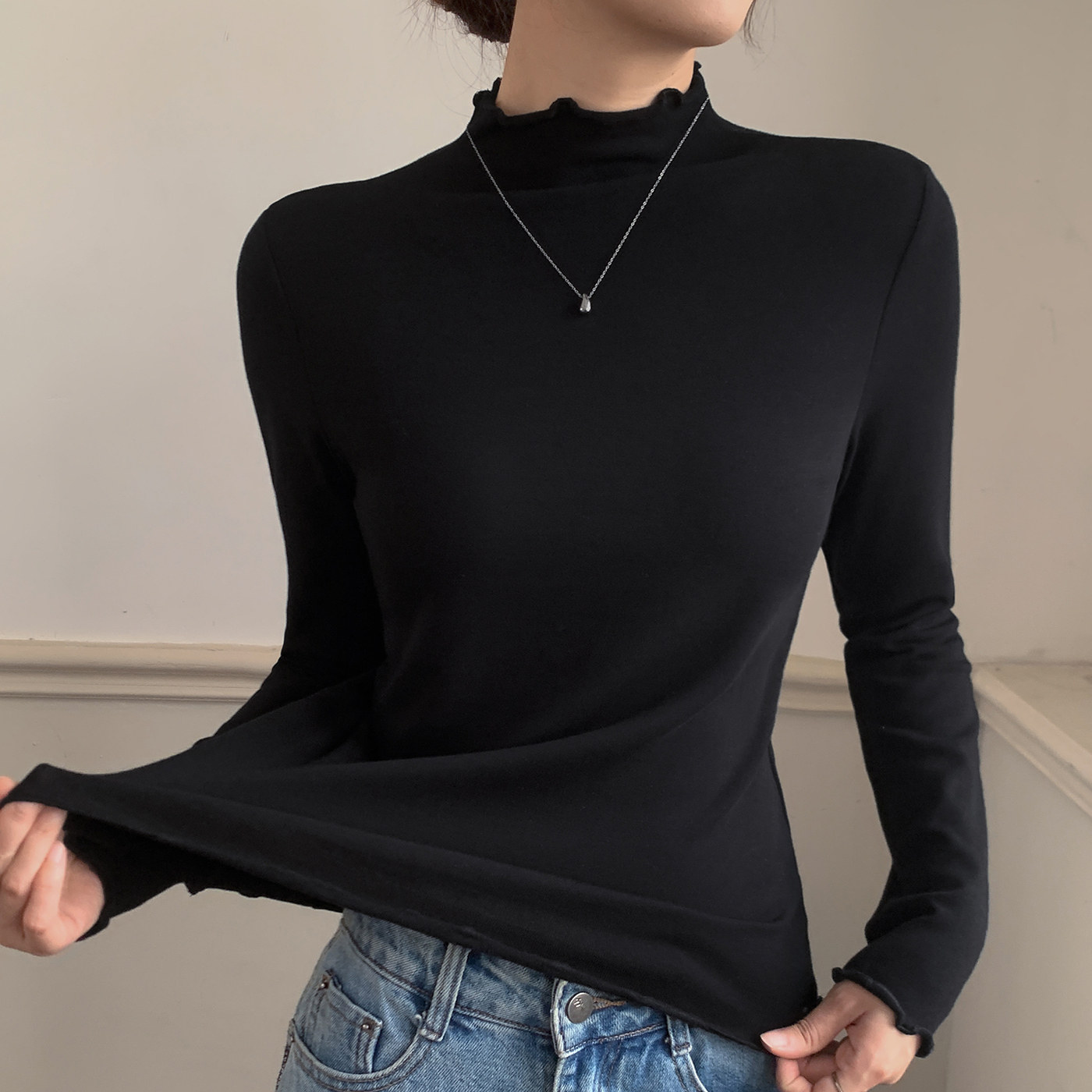 半高领打底衫女2025新款春秋冬内搭纯色木耳边高级感加绒中领上衣,淘宝优惠券,粉丝福利购,淘宝优惠卷