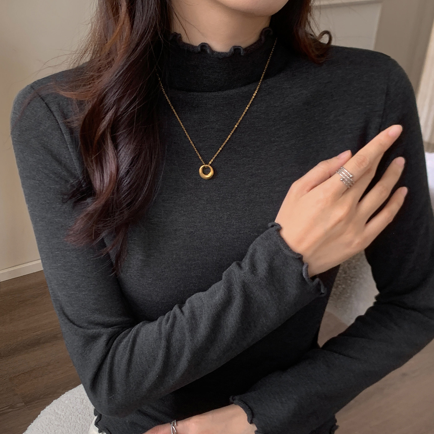 半高领打底衫女2025新款春秋冬内搭纯色木耳边高级感加绒中领上衣,淘宝优惠券,粉丝福利购,淘宝优惠卷