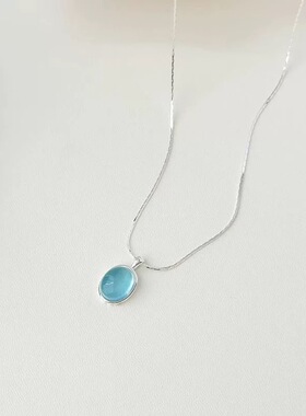 天然海蓝宝水晶项链女925纯银ins