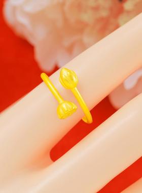 复古开口莲花沙金戒指女