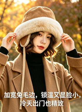 麂皮毛绒护耳渔夫帽加厚保暖毛绒女帽大头围雷锋帽子护耳帽冬季