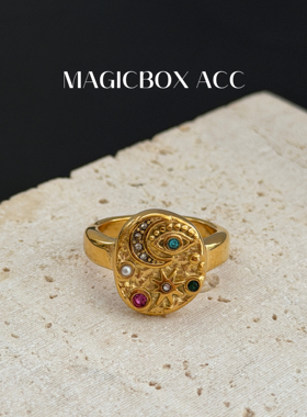 MAGICBOXACC欧美风轻奢复古恶魔之眼彩色锆石钛钢戒指叠戴指环女