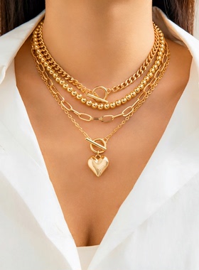 欧美嘻哈简约串珠套装necklace女士百搭几何OT扣短款爱心项链饰品
